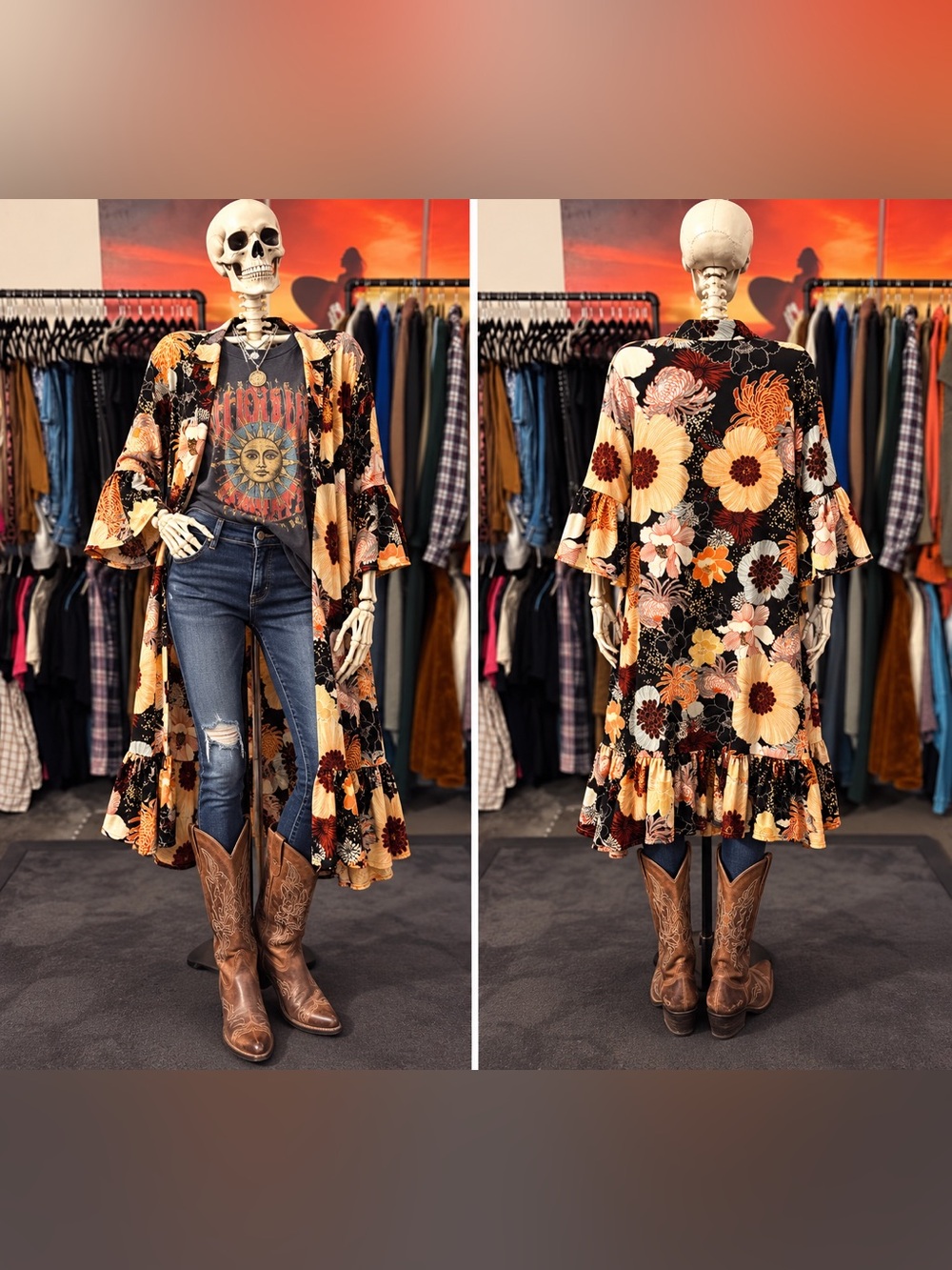 easel Black Floral Ruffle Kimono Duster with Mustard & Rust Accents